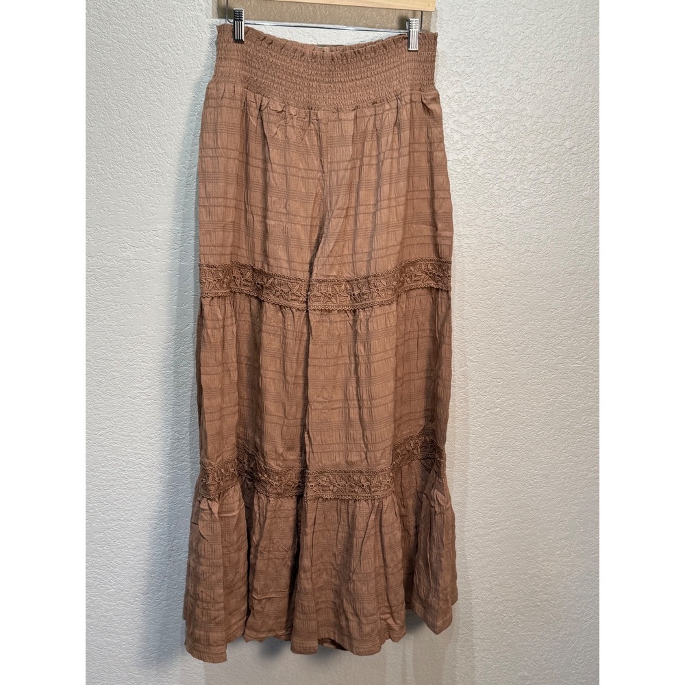 Southern Stitch Womens Brown Tiered Wide Leg Pants Crochet Lace‎ Ruffle LG NEW